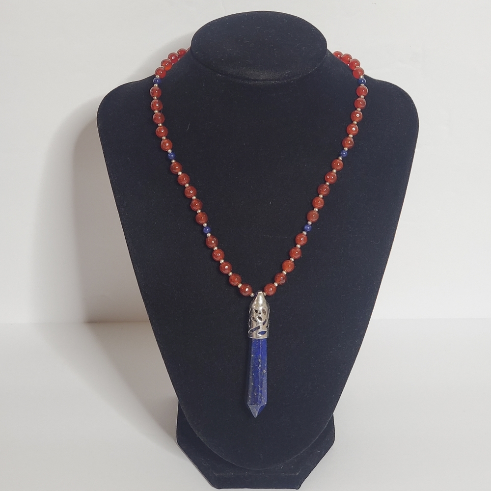 Lapis 6 Point pendent with red beaded stone necklace with silver toggle closure